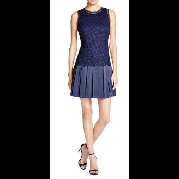 REBECCA TAYLOR $425 Navy Blue Lace Dress Black Pleated Skirt Silk Mix Contrast - Picture 6 of 15